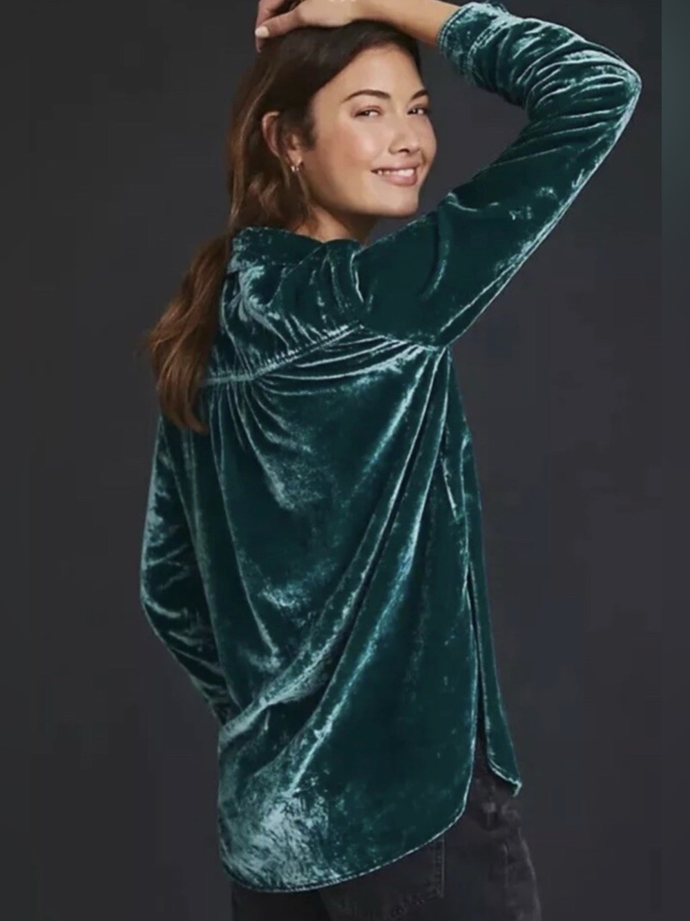 PILCRO Anthropologie Relaxed Velvet Button-Down LS Shirt Emerald Green Women L - Picture 3 of 14